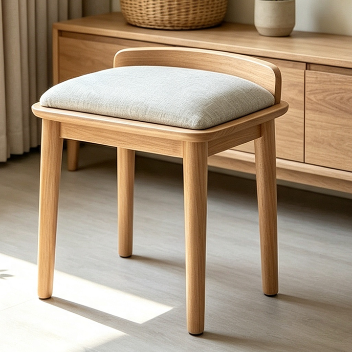 Tabouret de coiffeuse en bois massif et tissu, style minimaliste moderne, avec coins arrondis et dossier pour chambre et salon 