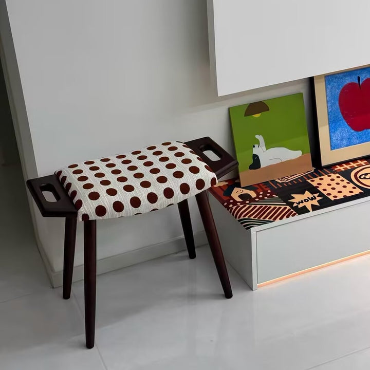 Contemporary Retro Cotton Linen Curved Seat Solid Wood Vanity Stool With Handles For Bedroom
