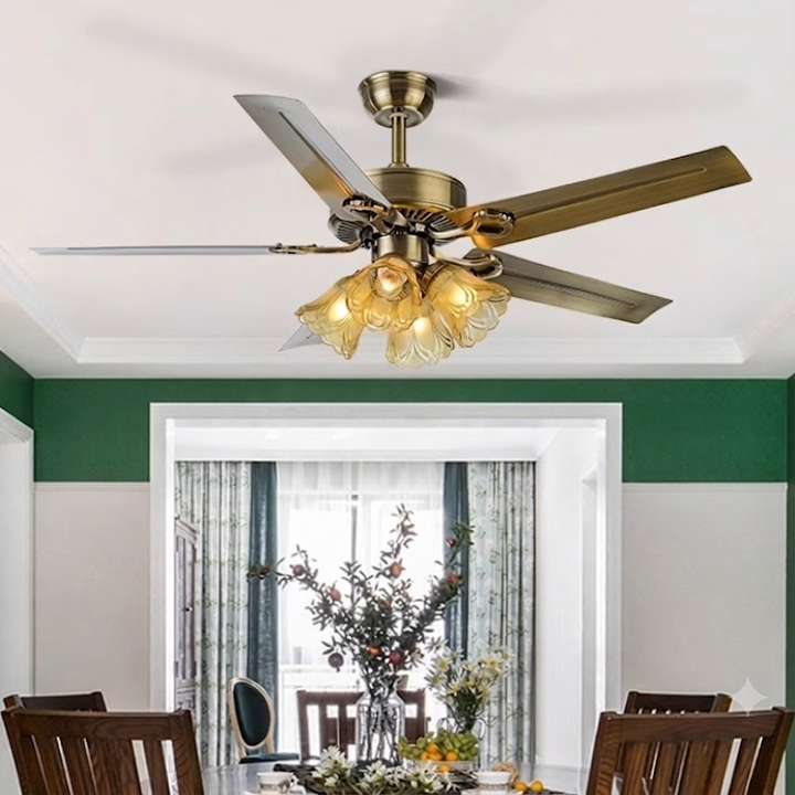 Ventilateur de plafond avec lumière à 4 lampes, abat-jour en verre fleur, ventilateur en bois et fer rétro traditionnel pour salon 