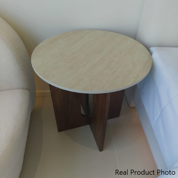 Contemporary Nordic Natural Travertine Pine Wood Round Side Table For Living Room
