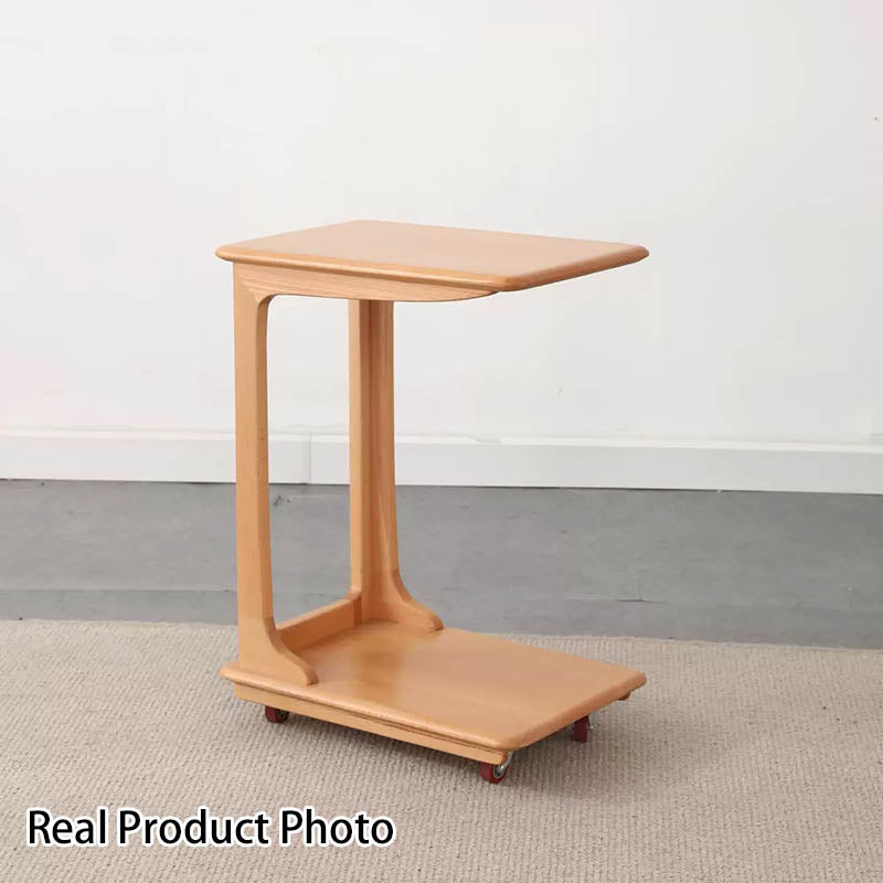 Modern Simplicity C-Shaped Rectangular Hollowed Red Oak Wood End Table Movable 2-Tier For Living Room