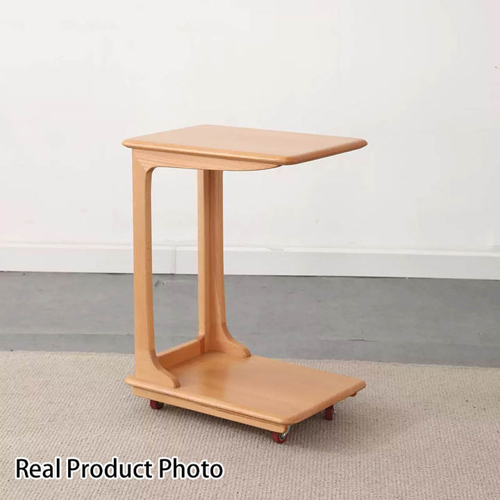 Modern Simplicity C-Shaped Rectangular Hollowed Red Oak Wood End Table Movable 2-Tier For Living Room