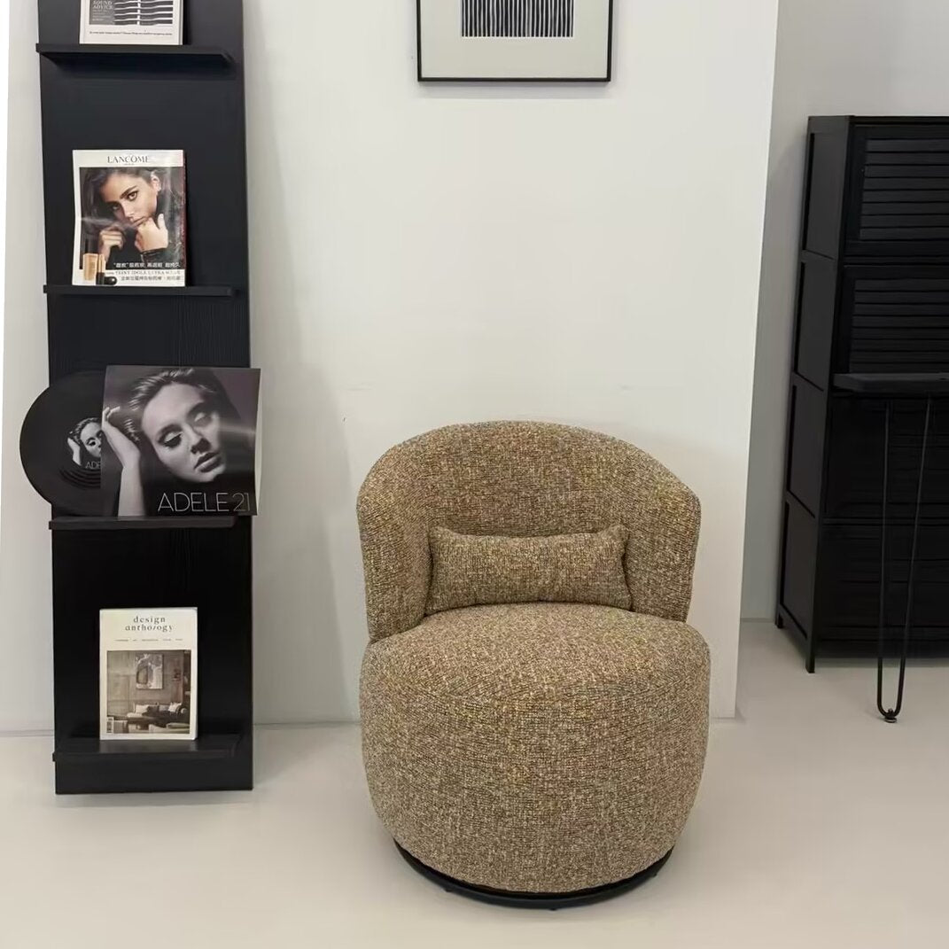Moderner runder Akzentstuhl im Retro-Stil aus Sperrholz und Stahl mit Drehfunktion, Polsterung und Rückenlehne für das Wohnzimmer 