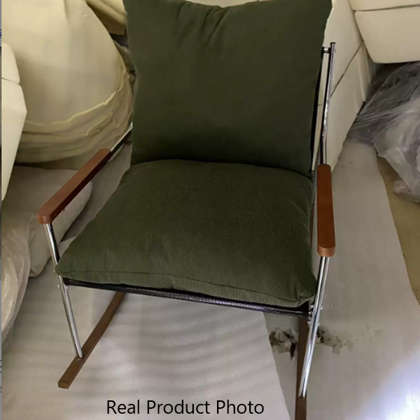 Contemporary Scandinavian Corduroy Metal Solid Wood Curved Square Rocking Chair With Backrest Armrests For Living Room