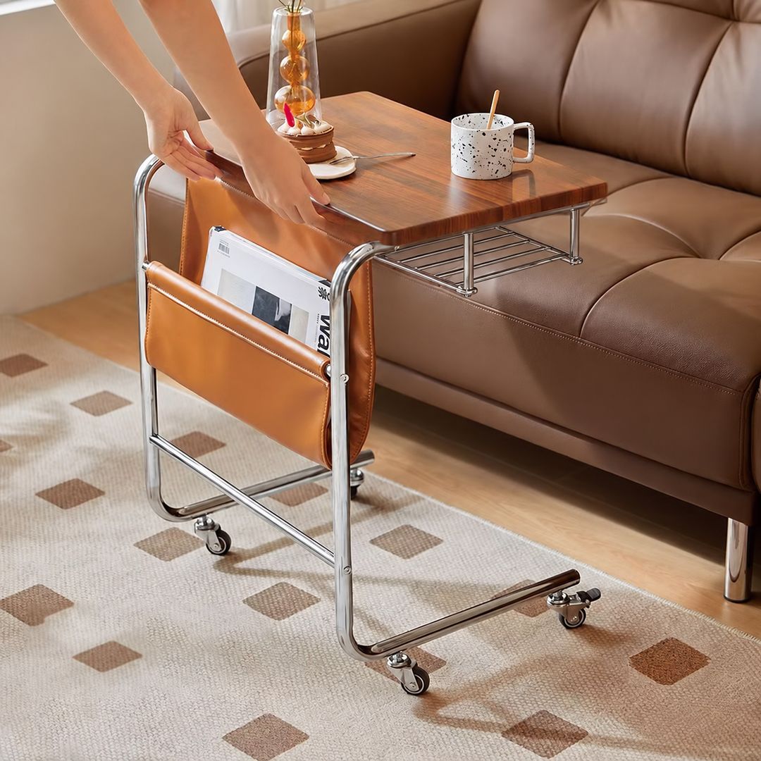 Modern Mid-Century Plank, Iron &amp; PU Leather Rectangular Side Table With Wheels For Living Room, Bedroom