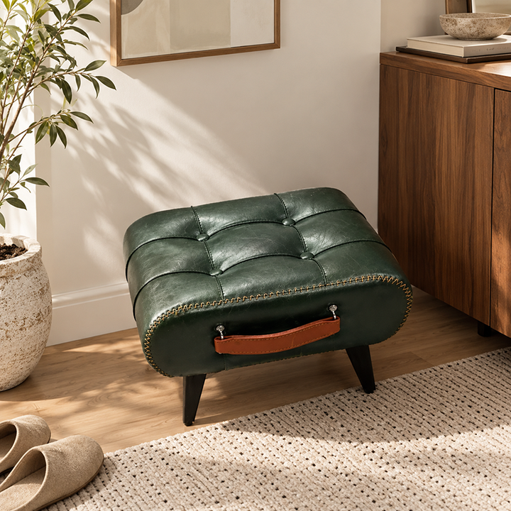 Tabouret bas contemporain de luxe rectangulaire en cuir pour griffoir de chat, bois massif et fer, portable, sans dossier ni accoudoirs, pour salon 