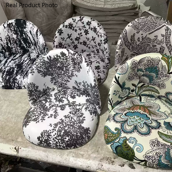 Contemporary Creative Curved Printed Fabric Upholstered Iron Legs Wood Board Vanity Stool Backrest For Bedroom