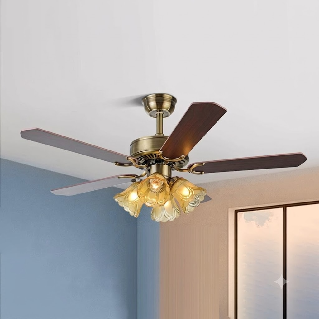 Ventilateur de plafond avec lumière à 4 lampes, abat-jour en verre fleur, ventilateur en bois et fer rétro traditionnel pour salon 