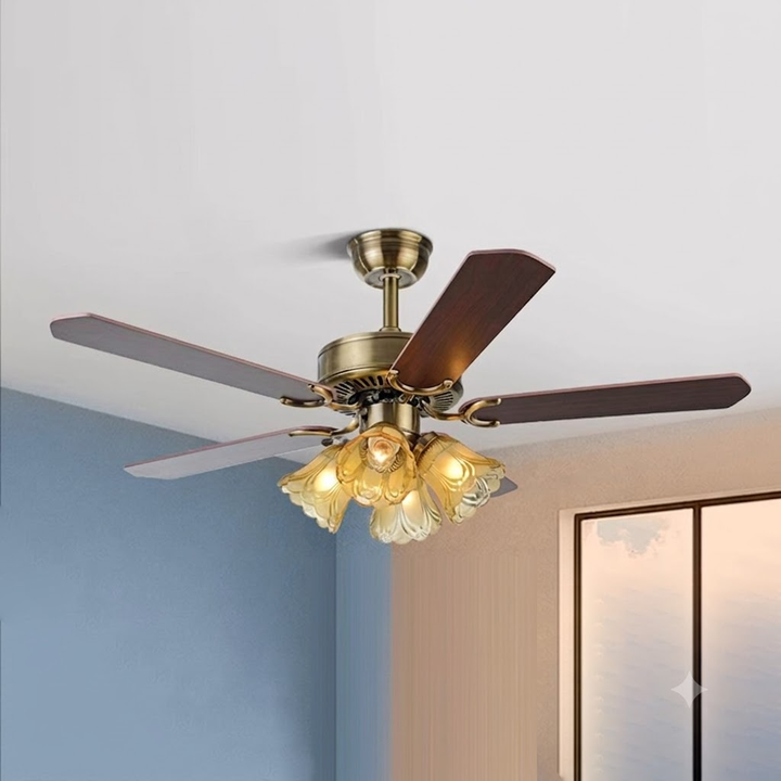 Ventilateur de plafond avec lumière à 4 lampes, abat-jour en verre fleur, ventilateur en bois et fer rétro traditionnel pour salon 