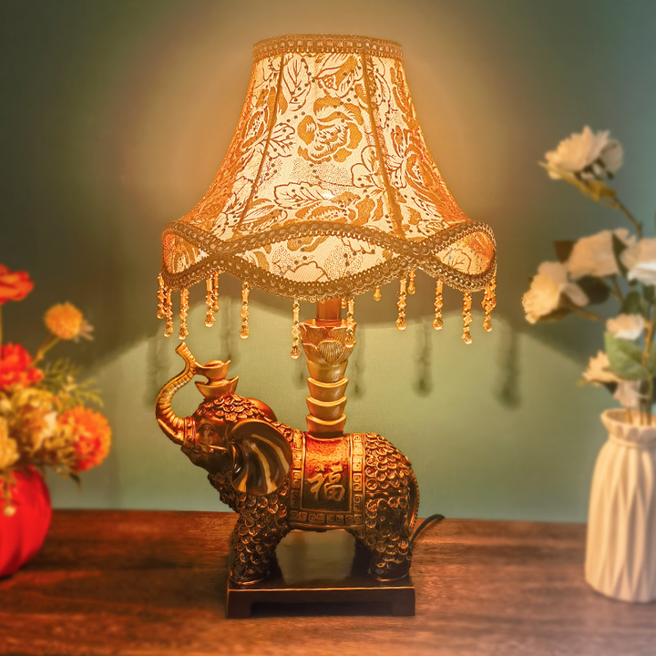 Lámpara de mesa de resina de tela redonda vintage tradicional con elefante de 1 luz para sala de estar 