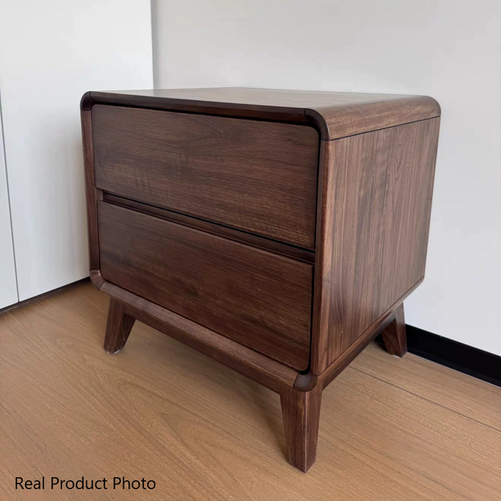 Table de nuit carrée arrondie en noyer noir minimaliste moderne avec 2 tiroirs pour chambre 