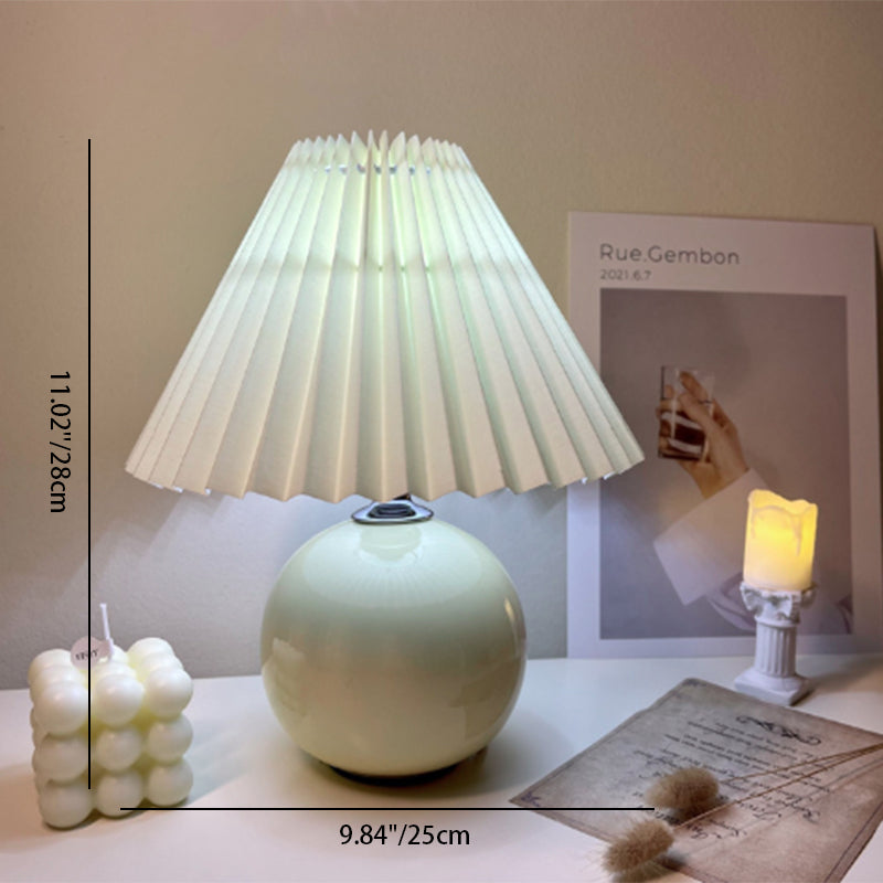 Modern Minimalist Round Fabric Pleated Ceramic 1-Light Table Lamp For Bedroom