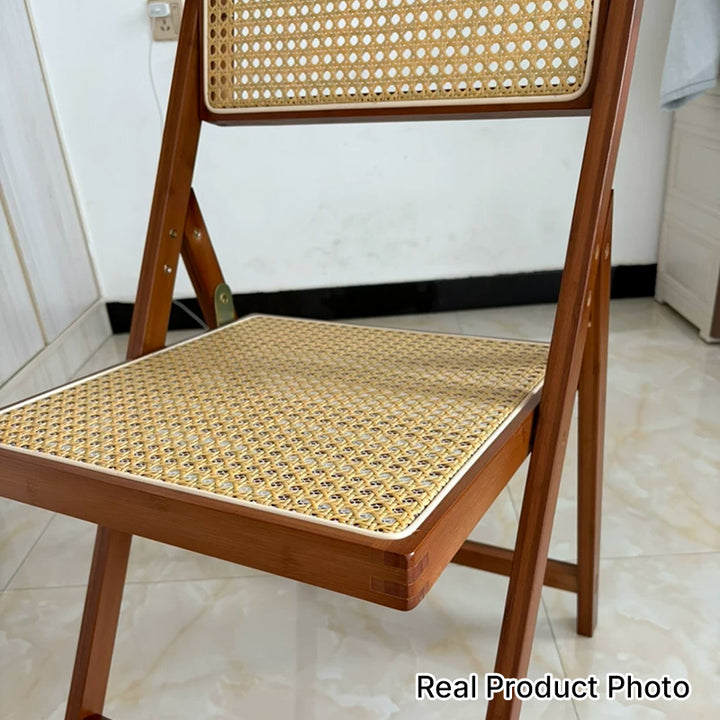 Traditional Japanese Bamboo &amp; Rattan Weaving Square Foldable Weaving Dining Chair With Backrest And Footrest For Kitchen Or Dining Room