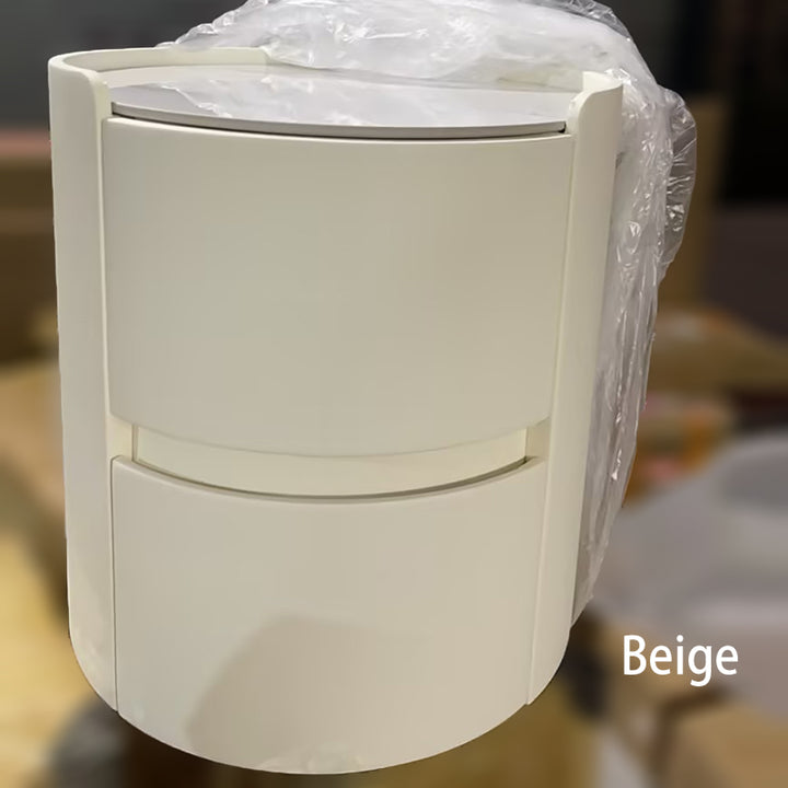 Mesita de noche redonda moderna minimalista de cuero sintético terciopelo con losa de roca y madera contrachapada sólida con 2 cajones para uso junto a la cama 