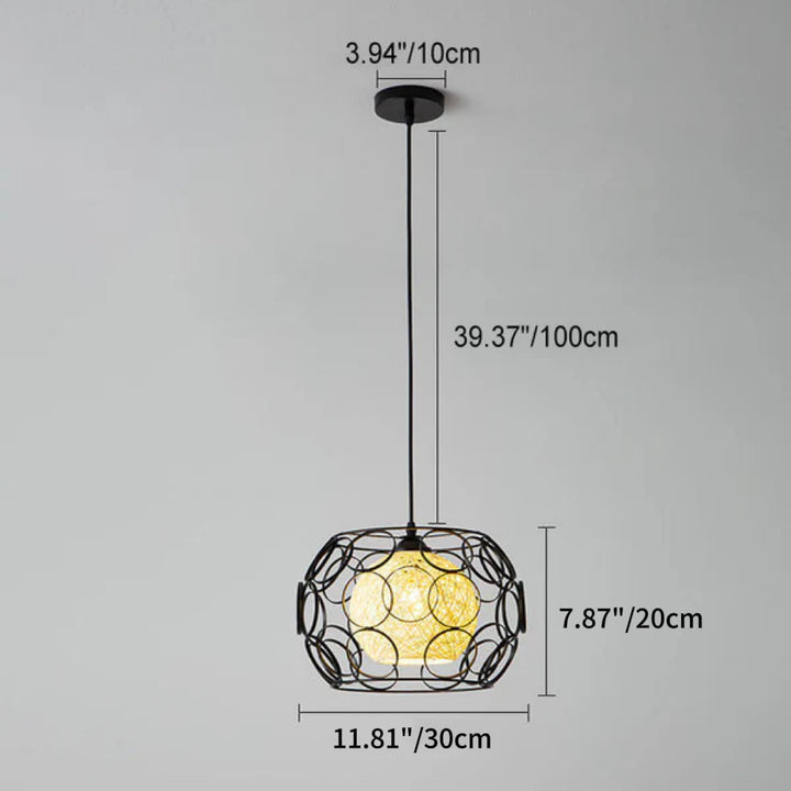 Modern Minimalist Weaving Hemp Ball Iron Drum 1-Light Pendant Light for Living Room