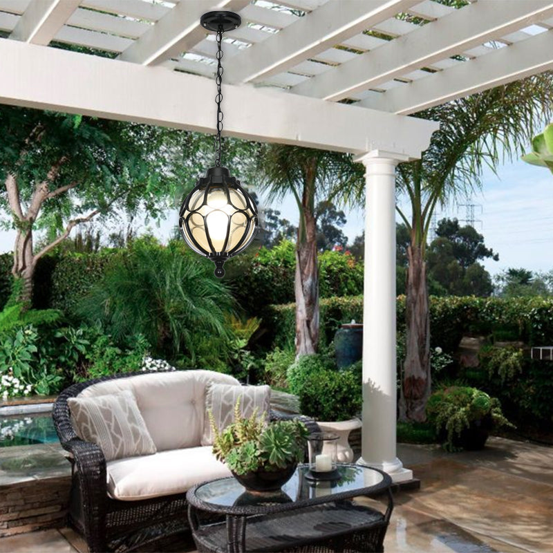Lámpara colgante de 1 luz con bola de vidrio de hierro de aluminio impermeable tradicional europea para patio exterior 