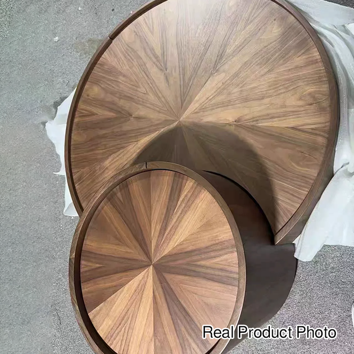 Moderner minimalistischer runder Couchtisch aus massivem Holz mit mehrschichtiger Platte, 1 Schublade, 1 Schrank, beweglich für das Wohnzimmer 