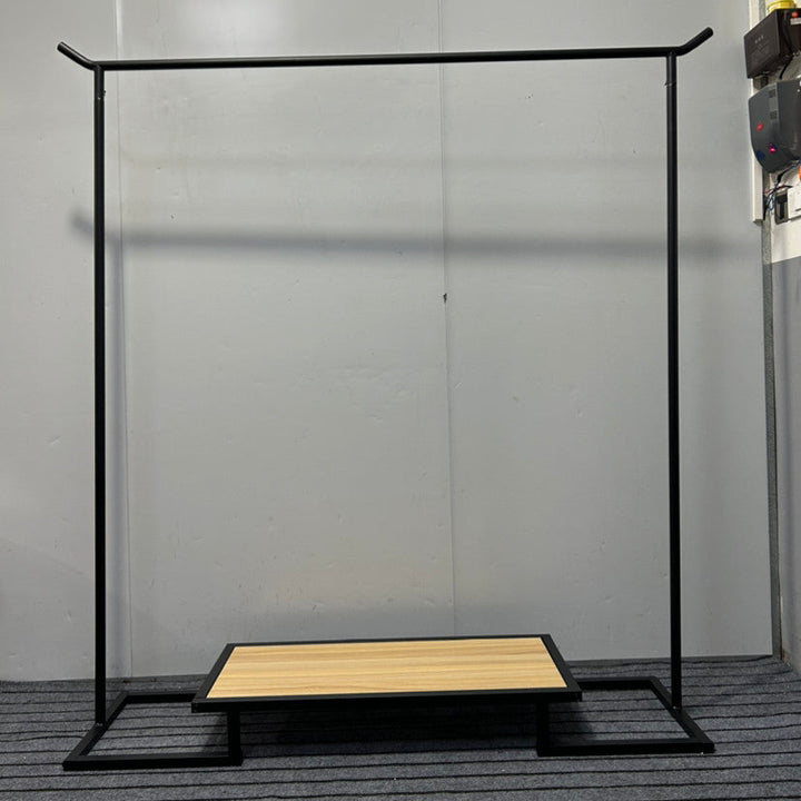 Perchero rectangular de hierro y contrachapado de estilo minimalista moderno con 1 nivel para almacenamiento de ropa en el dormitorio 