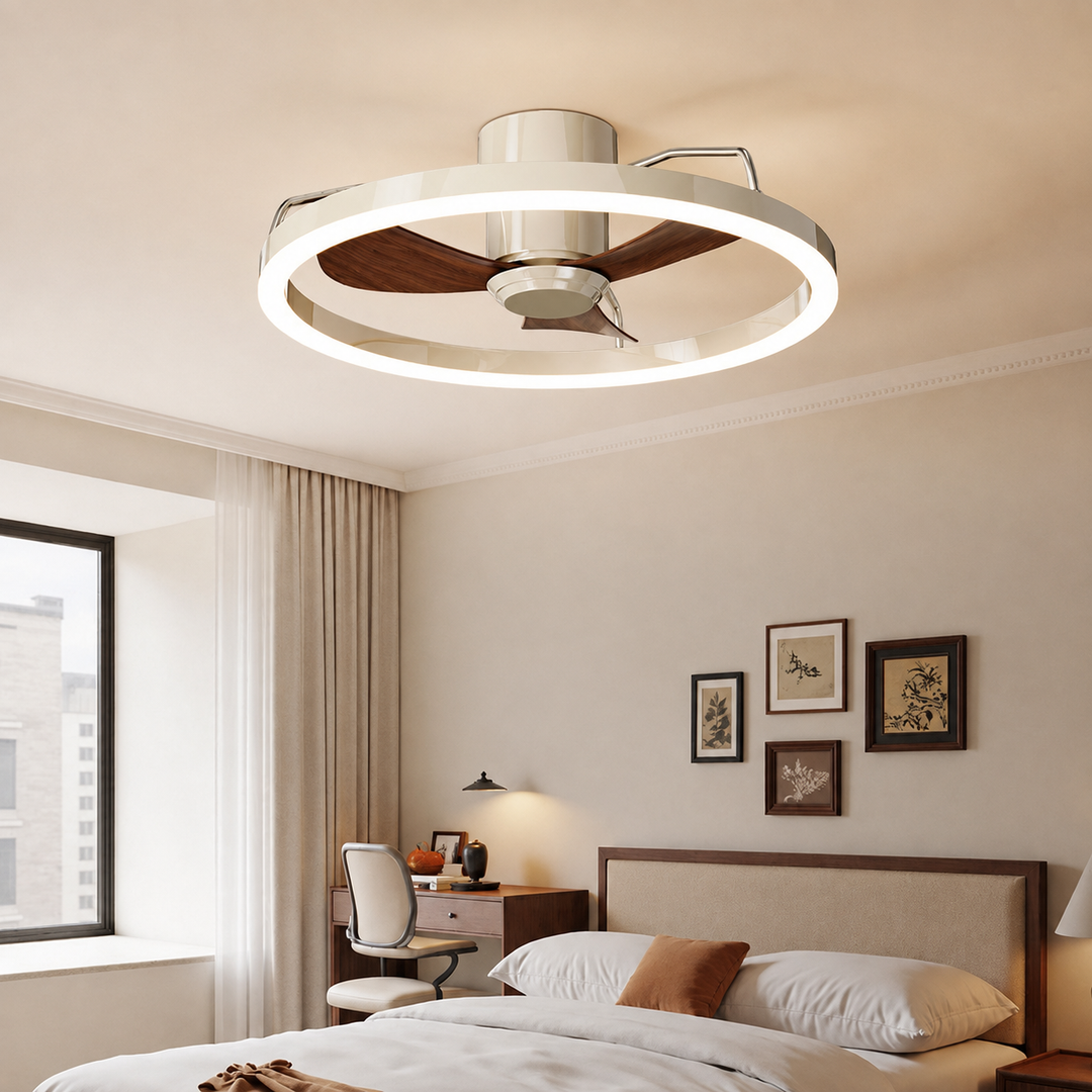 Modern Minimalist Round Aluminum Iron Abs Silicone Led Semi Flush Mount Ceiling Fan Light Quiet Airflow Stepless Dimming