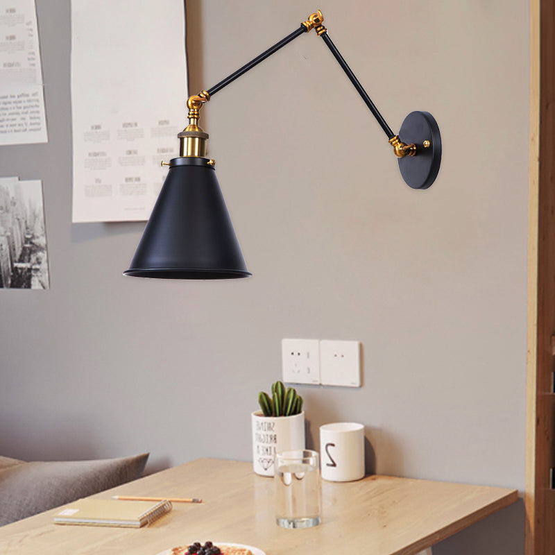 Industrial Vintage Iron Cone Swing Arm 1-Light Wall Sconce Lamp