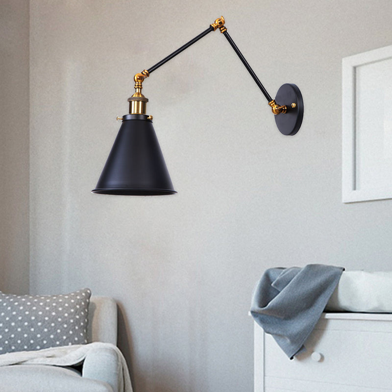 Industrial Vintage Iron Cone Swing Arm 1-Light Wall Sconce Lamp