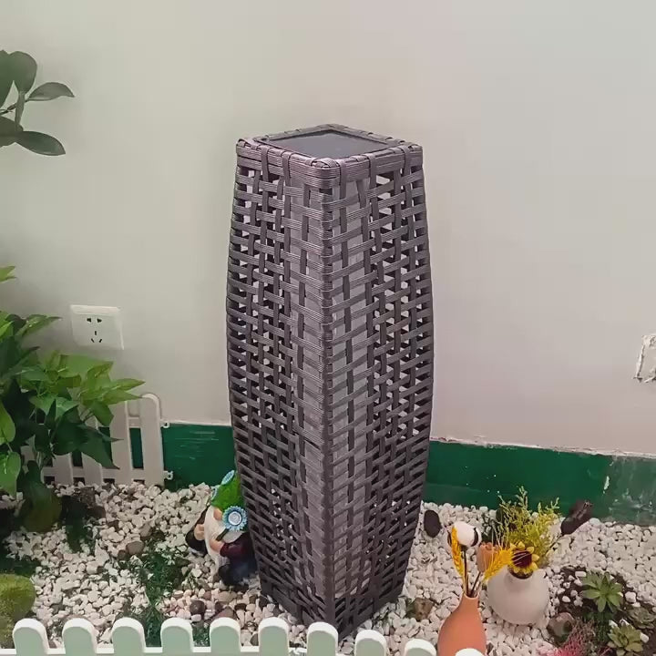 Modern Art Deco Outdoor Solar Column Hollow Projection PE Faux Rattan Hardware LED Standing Floor Lamp For Garden