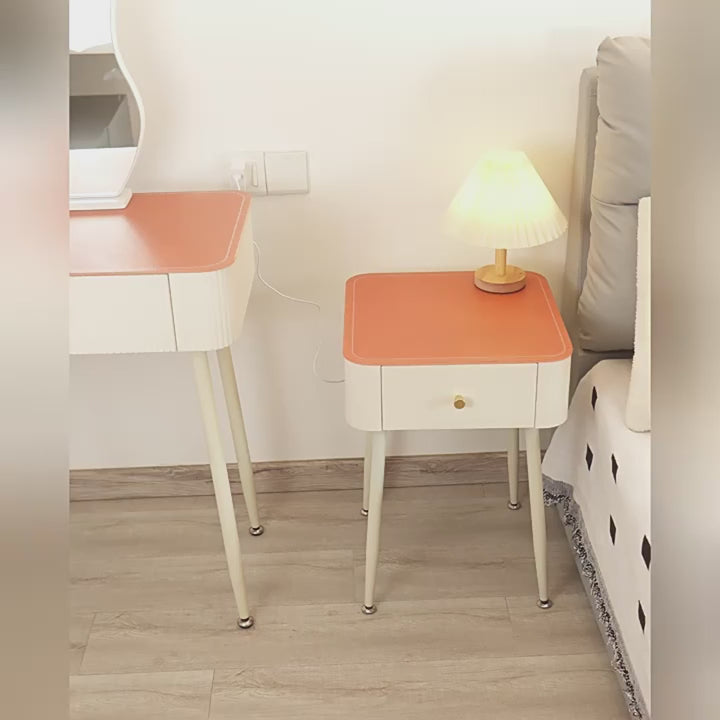 Contemporary Nordic Tempered Glass PP Carbon Steel Square Leather Texture Nightstand With 1 Drawer For Bedroom