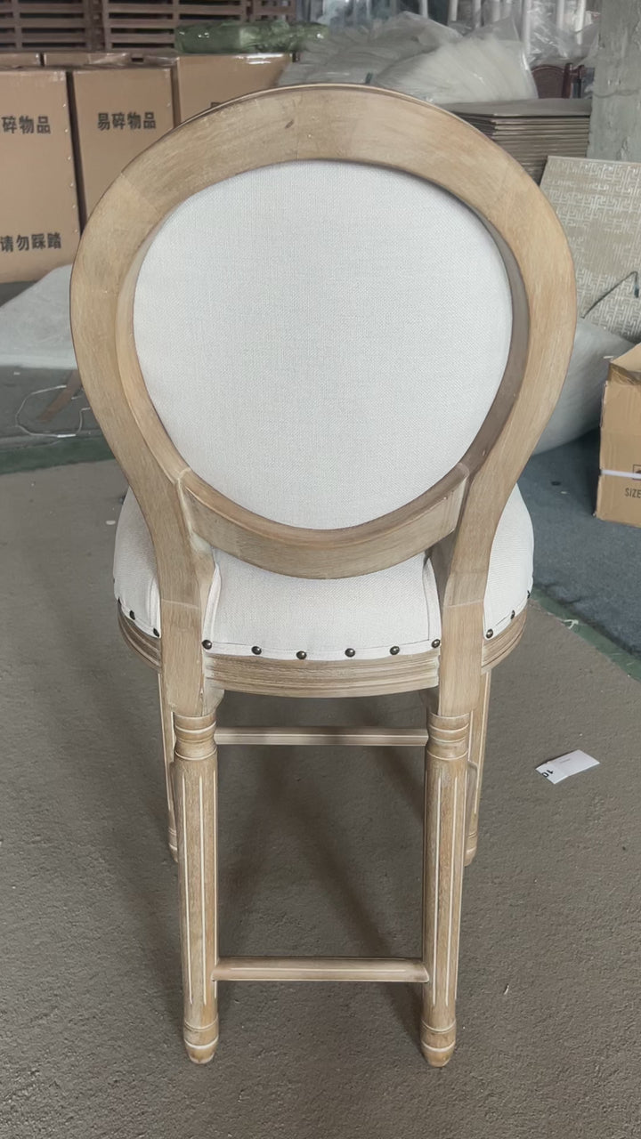 Traditioneller Vintage-Rund-Barhocker mit Rückenlehne aus Gummibaumholz, Birke und Baumwoll-Leinen für das Esszimmer 
