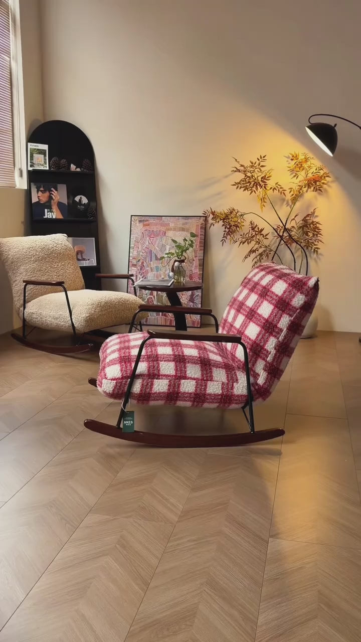 Verstellbarer Mid-Century-Schaukelstuhl aus Chenille- &amp; Sherpa-Stoff – Einzelner Loungesessel fürs Wohnzimmer 