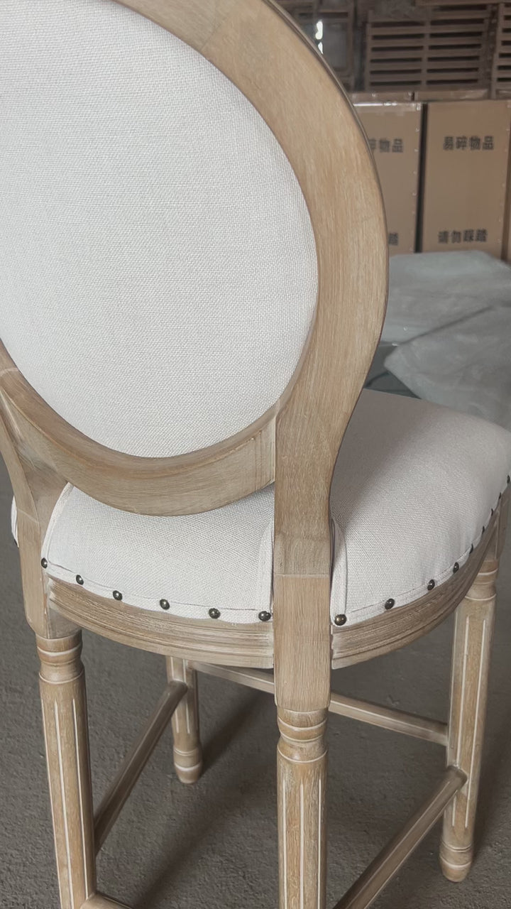 Traditioneller Vintage-Rund-Barhocker mit Rückenlehne aus Gummibaumholz, Birke und Baumwoll-Leinen für das Esszimmer 