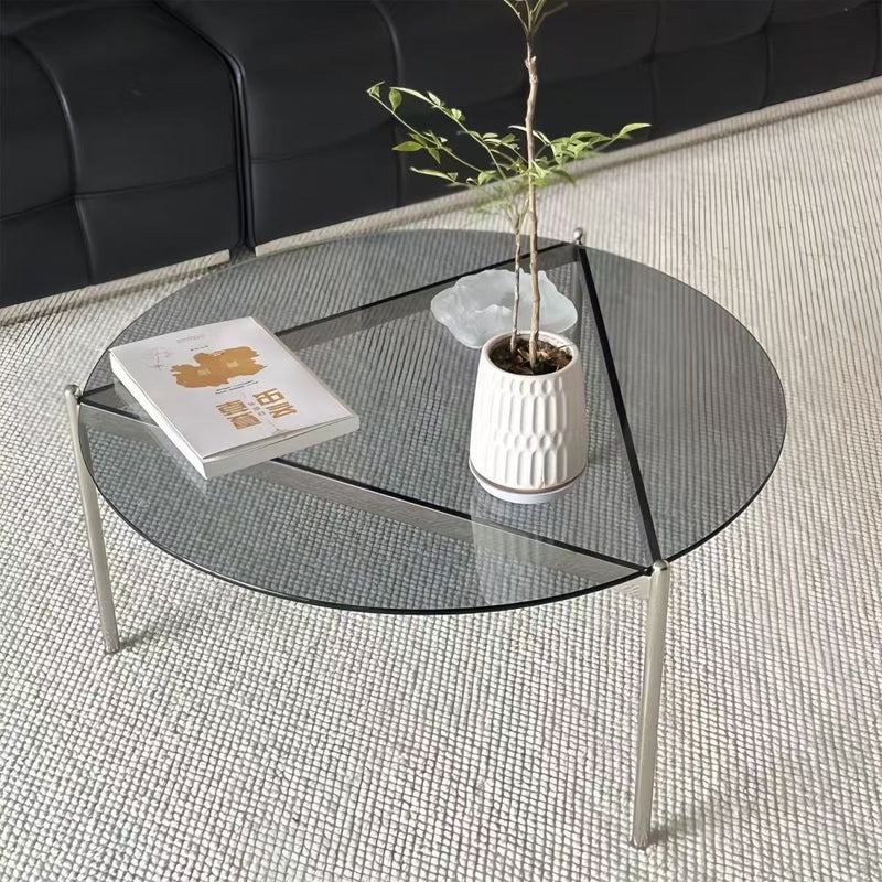Modern Minimalist Round Triangle Tempered Glass Stainless Steel Coffee Table 1-Tier For Living Room