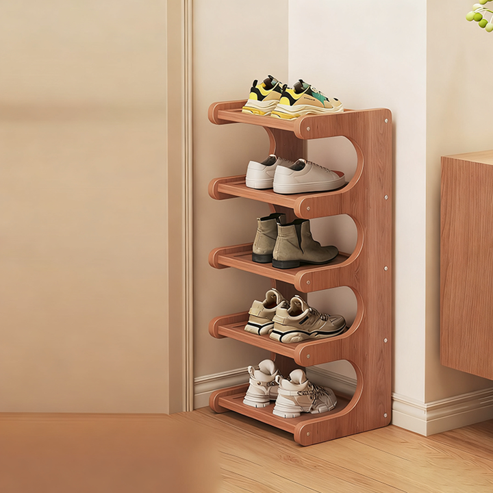 Moderner minimalistischer rechteckiger Bambus-MDF-Schuhspeicher 2/3/4/5-stufig für das Wohnzimmer 