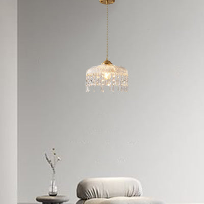 Traditionelle französische runde Pendelleuchte aus Eisen, Kupfer, Glas und Kristall, 1 Licht, für Schlafzimmer 