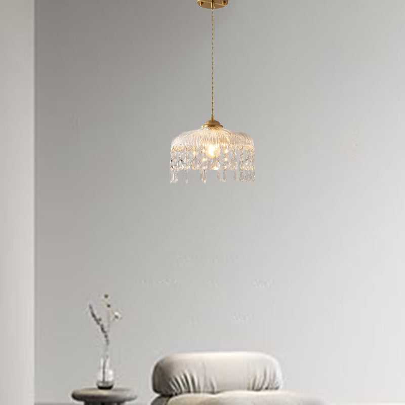 Traditionelle französische runde Pendelleuchte aus Eisen, Kupfer, Glas und Kristall, 1 Licht, für Schlafzimmer 