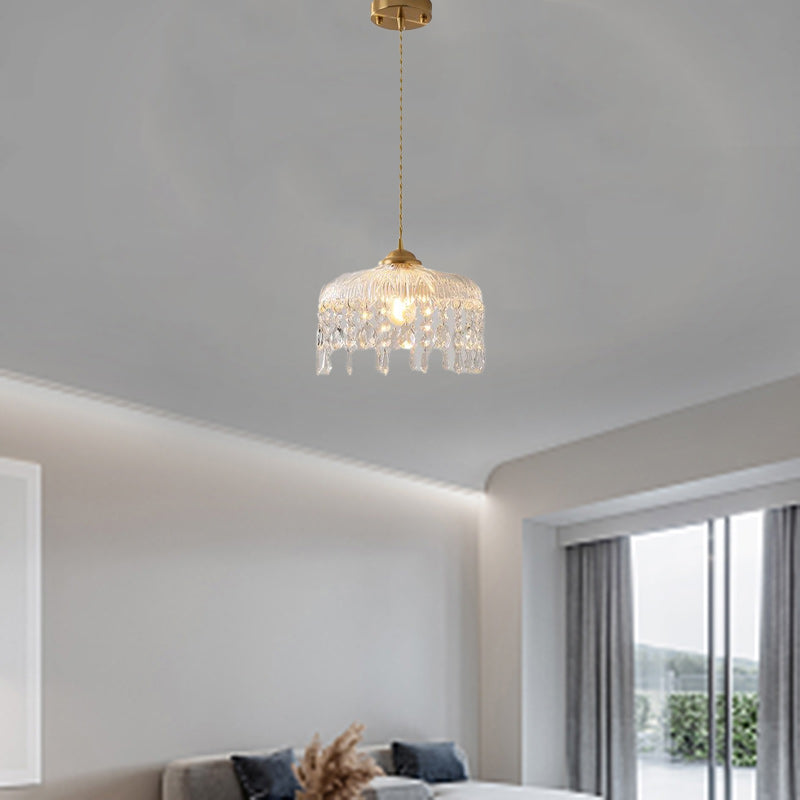 Traditionelle französische runde Pendelleuchte aus Eisen, Kupfer, Glas und Kristall, 1 Licht, für Schlafzimmer 