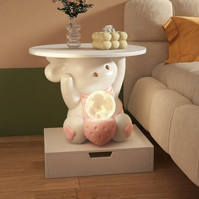 Moderner Art Deco Kinderhasen-Rundteller Rechteckige Schublade Harz Holz Emaille Nachttisch mit 1 Schublade und LED-Licht für das Schlafzimmer 