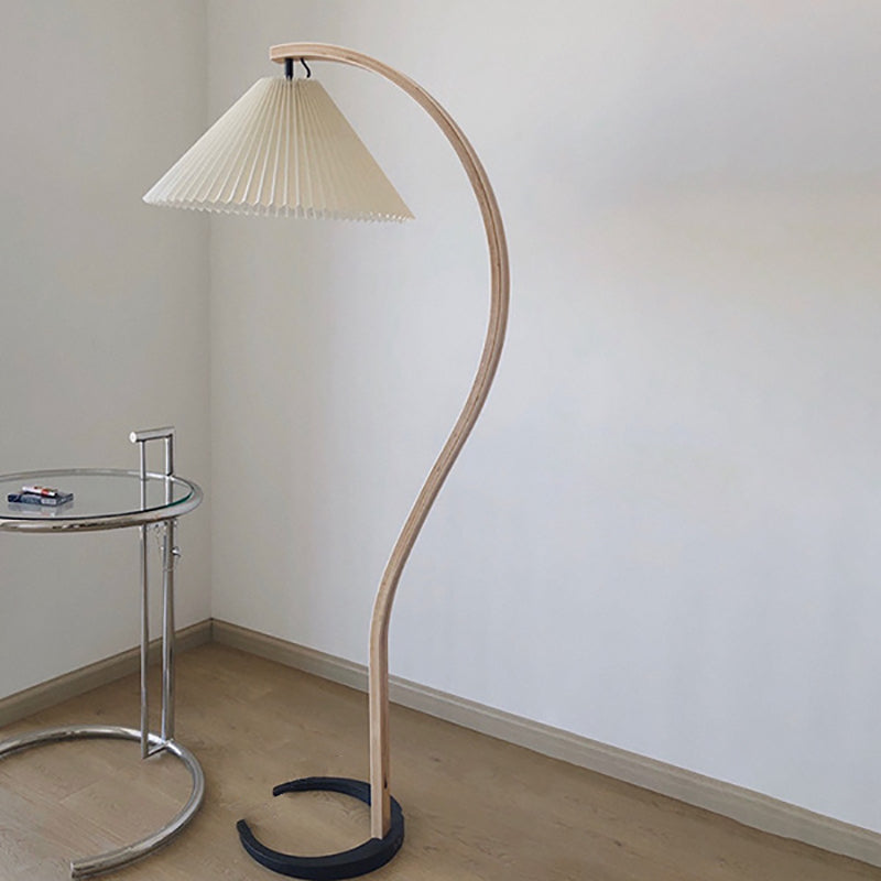 Traditional Japanese Pleated Cone Fabric Shade Arc Wood Pole 1-Light Standing Floor Lamp For Home Office