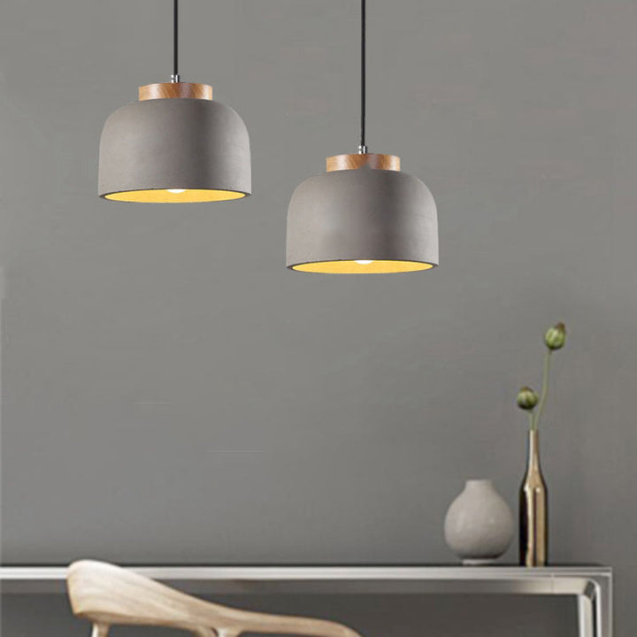 Contemporary Creative Oak Wood Iron Cement Dome 1-Light Pendant Light For Dining Room