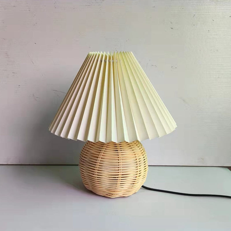 Traditional Vintage Round Pleated Bamboo Fabric 1-Light Table Lamp For Bedroom