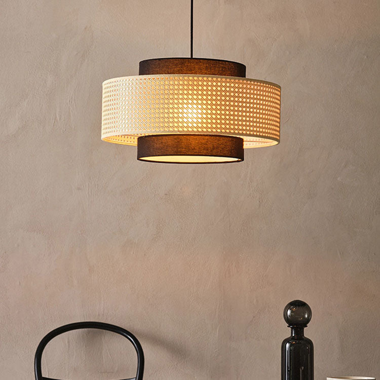 Traditional Vintage PE Rattan Weaving Fabric Round Drum 1-Light Pendant Light For Dining Room