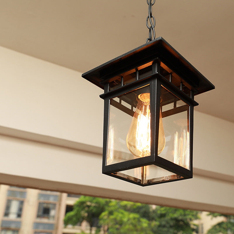 Suspension étanche pour patio à 1 lumière en verre et aluminium, cage carrée européenne extérieure 
