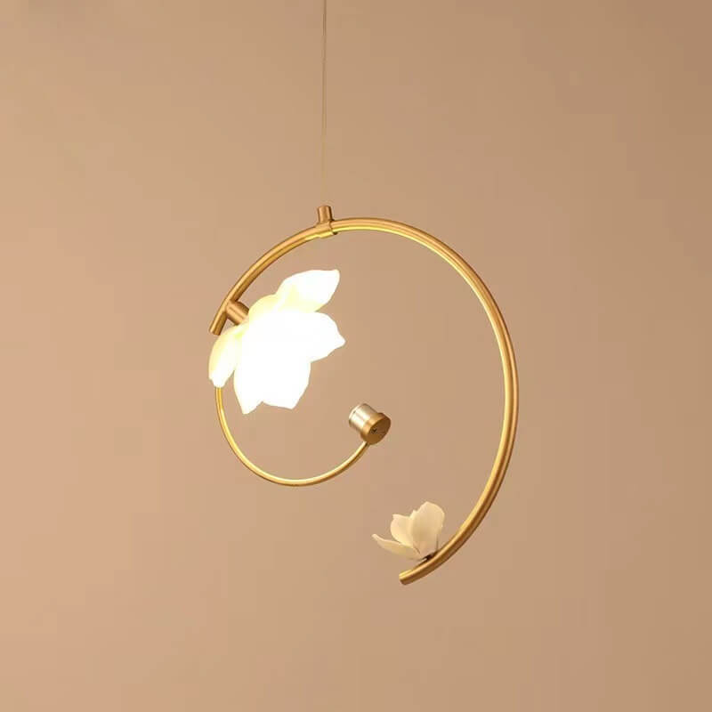 Chinese Retro Ceramic Floral Embellished Copper Arc LED Pendant Light