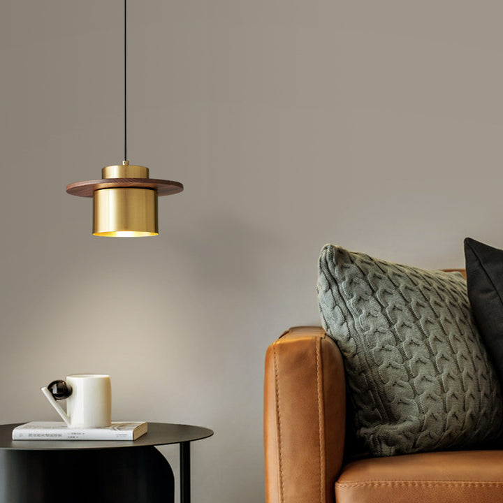 Contemporary Nordic Cylindrical Walnut Copper 1-Light Pendant Light For Living Room &amp; Bedroom