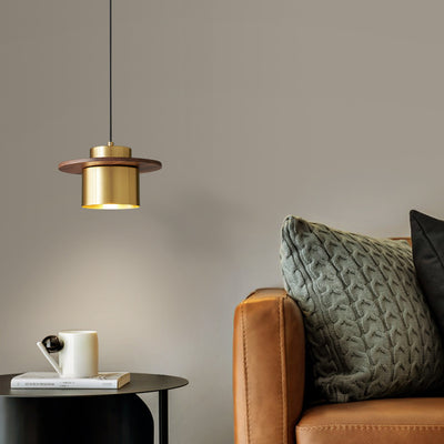 Nordisches Licht Luxus Zylindrische Walnuss Messing 1-Licht Pendelleuchte 