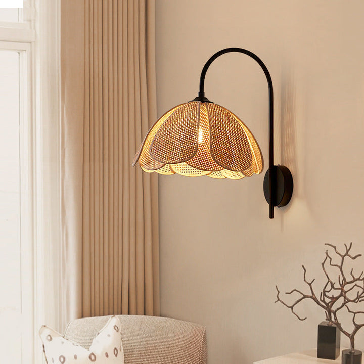 Contemporary Boho Rattan Weaving Petal Shade 1-Light Wall Sconce Lamp For Bedroom