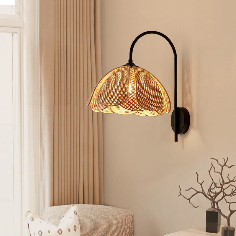 Contemporary Boho Rattan Weaving Petal Shade 1-Light Wall Sconce Lamp For Bedroom