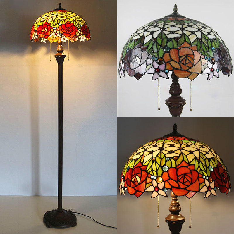 Traditional Tiffany Stained Glass Rose Flower Dome 2-Light Standing Floor Lamp For Bedroom