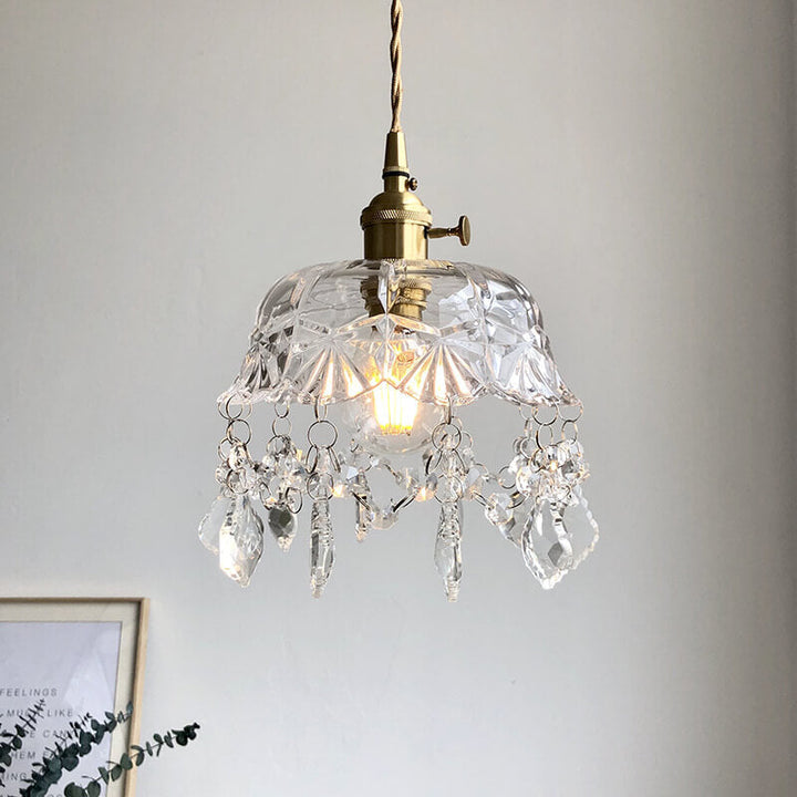 Zeitgenössische Vintage Runde Floral Messing Glas 1-Licht Pendelleuchte für Schlafzimmer 