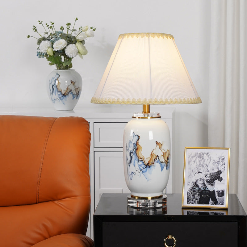 Light Luxury Chinese Ceramic Oval Jar Base Fabric 1-Light Table Lamp