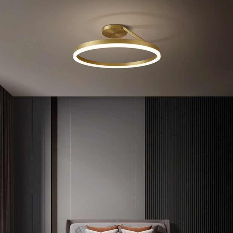 Modern Simplicity Full Copper Geometric Circle LED Semi-Flush Mount Ceiling Light For Living Room